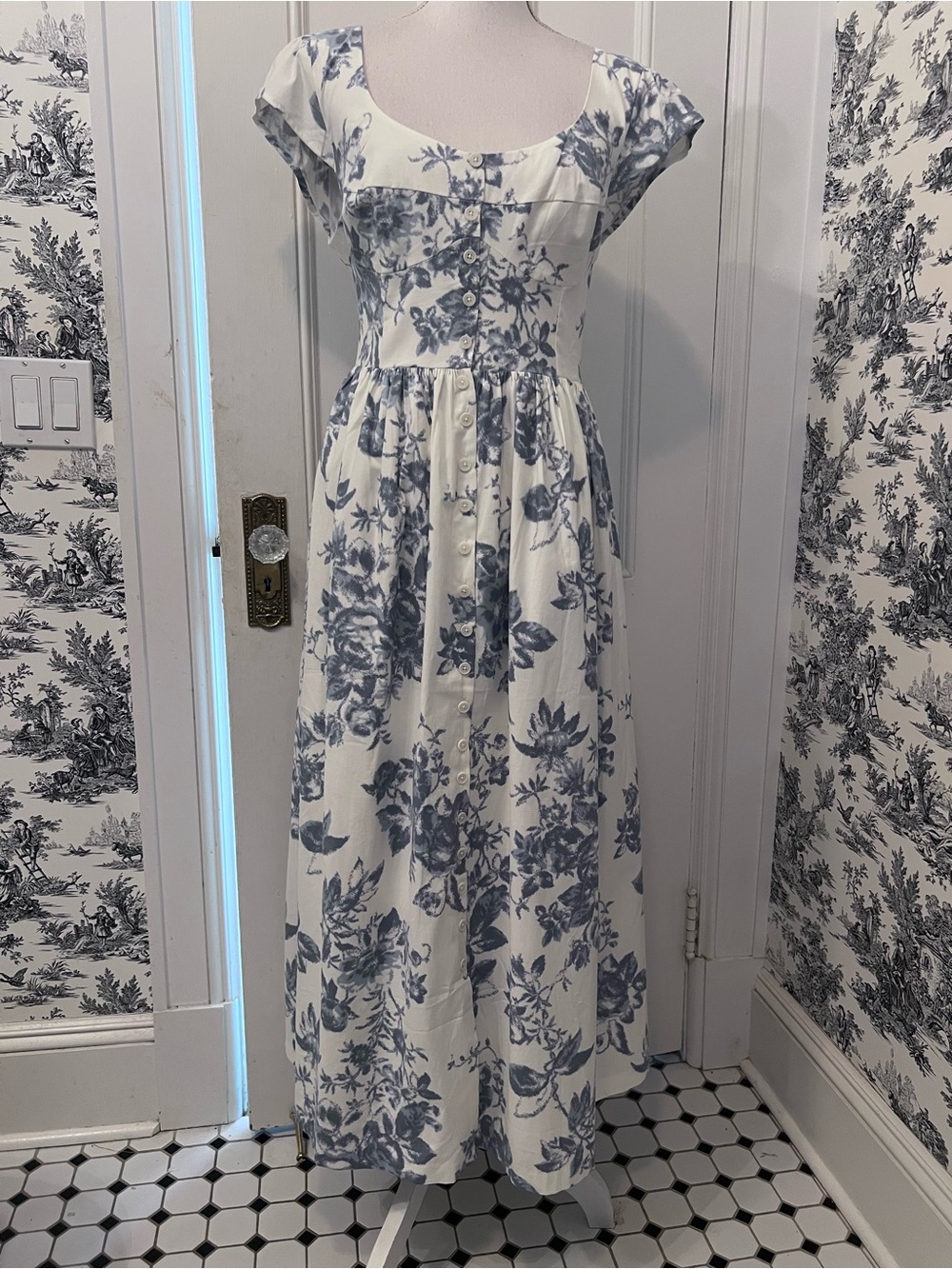 Reformation White Maxi Dress with Blue Floral Print - Picture 2 of 9